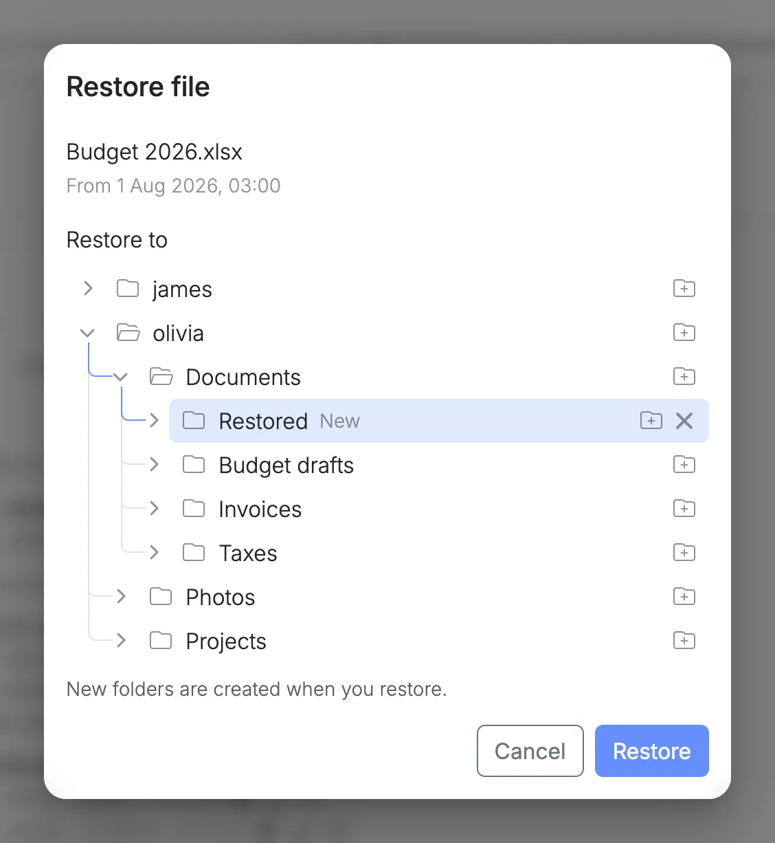 The new folder, selected as the place to restore to