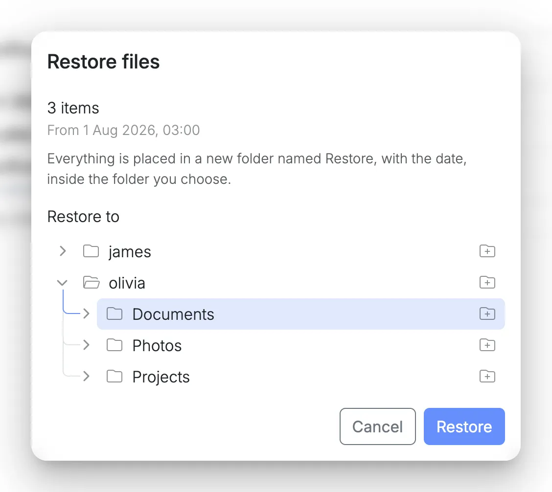 Restoring three items to Olivia’s Documents