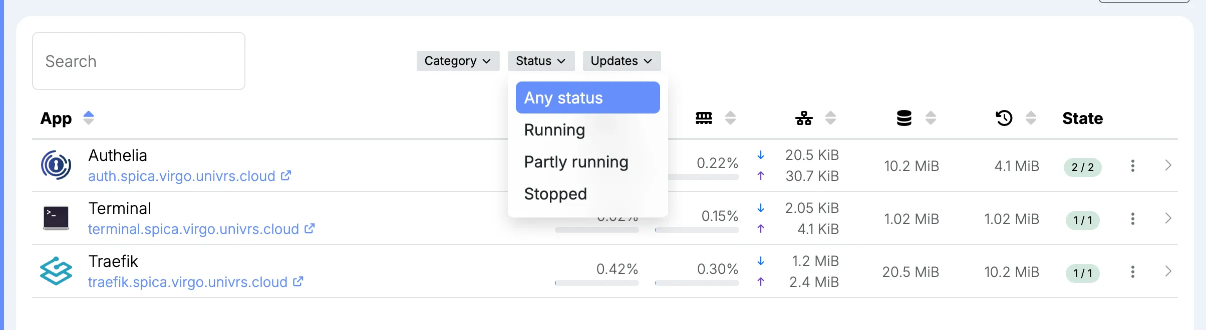 Filtering the apps by status