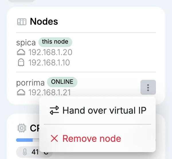 An adopted node’s menu
