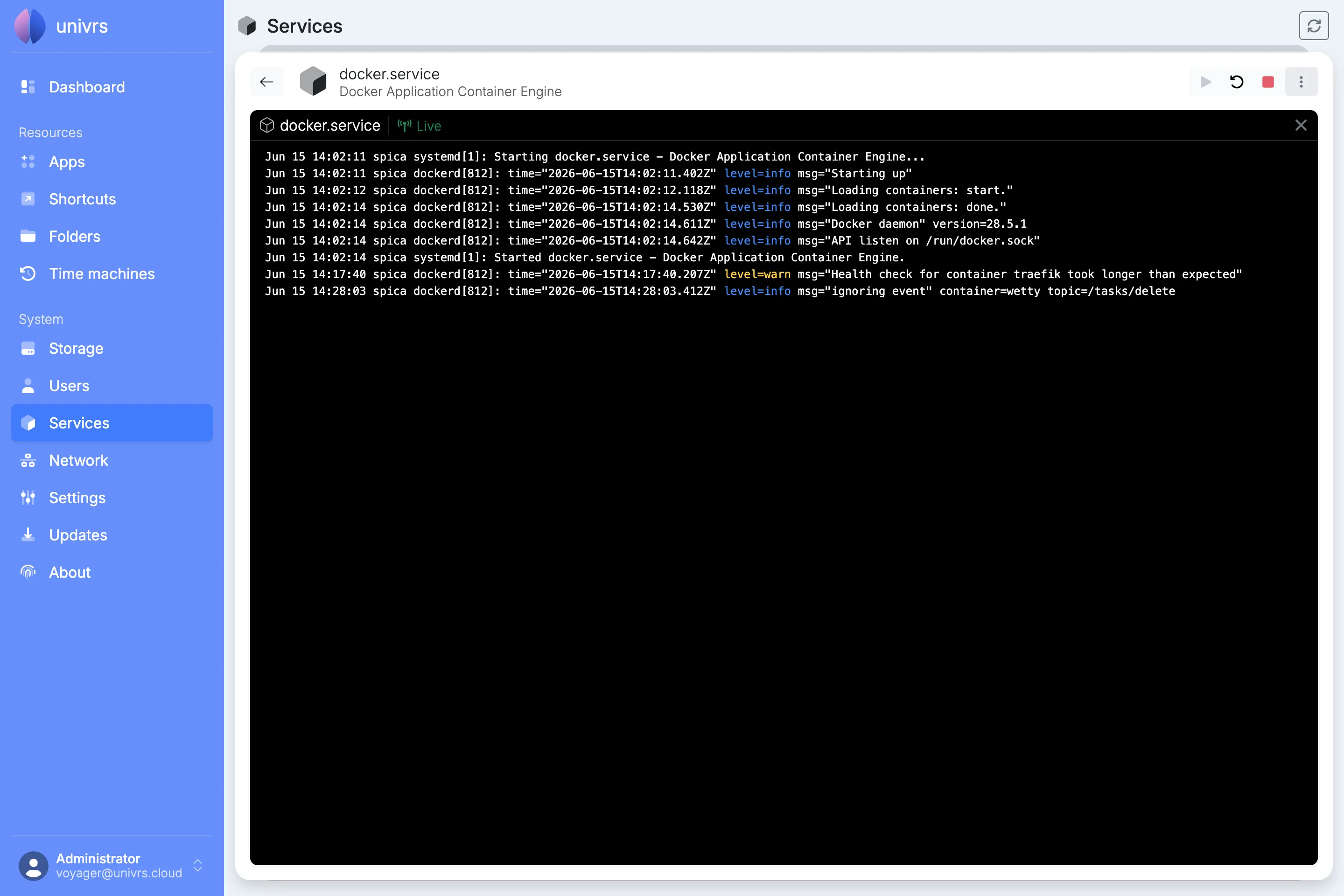 A service’s live log