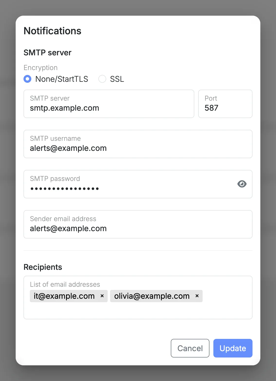 The notifications form