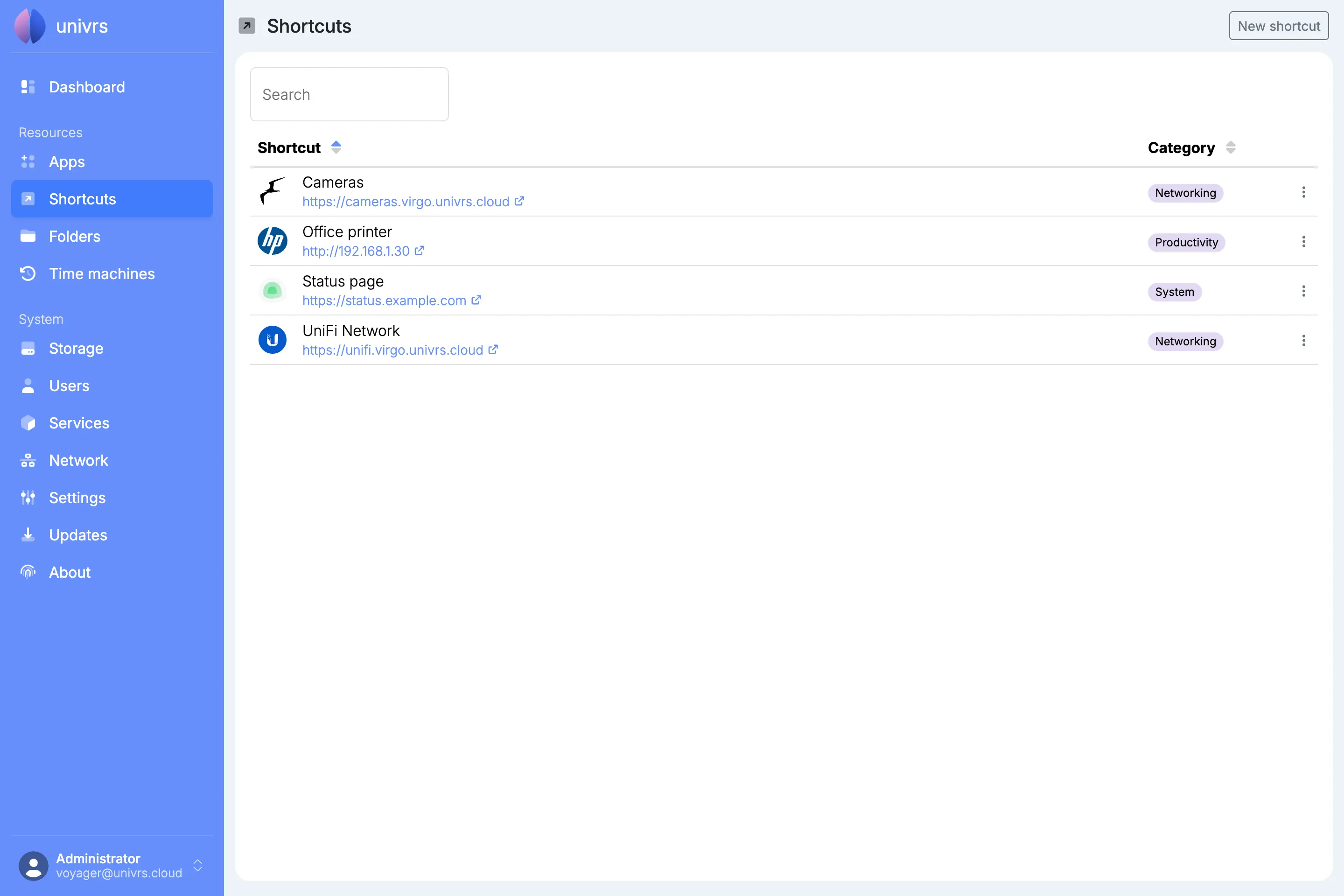 The Shortcuts page